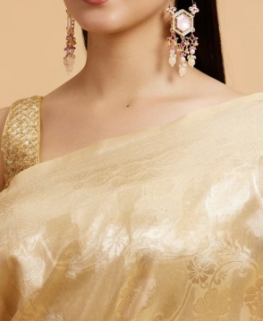 Cream Beige Floral Patterned Saree